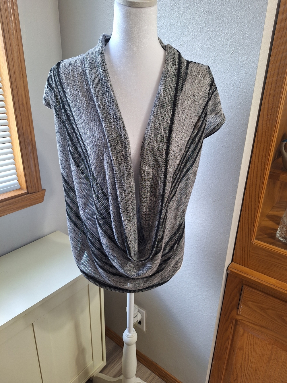 Y2K Vanity Draped Cowl Neck Tunic in Gray and Black Stripe